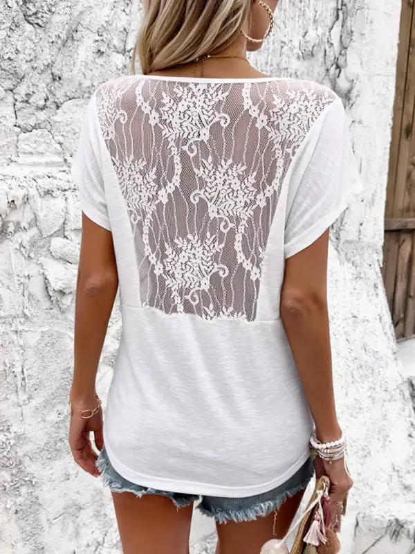 Women's elegant V-neck pleated patchwork short-sleeved T-shirt top