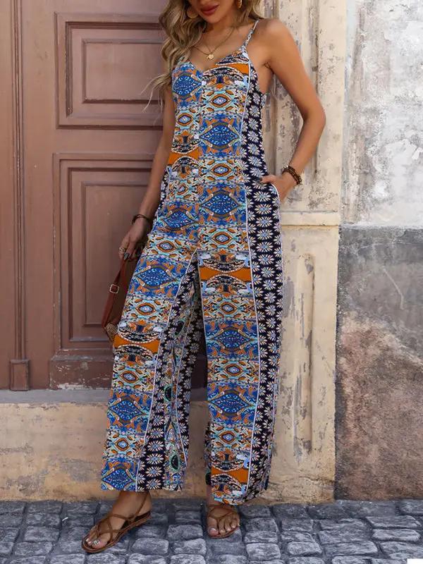 Women's backless printed suspenders wide-leg ethnic style jumpsuit