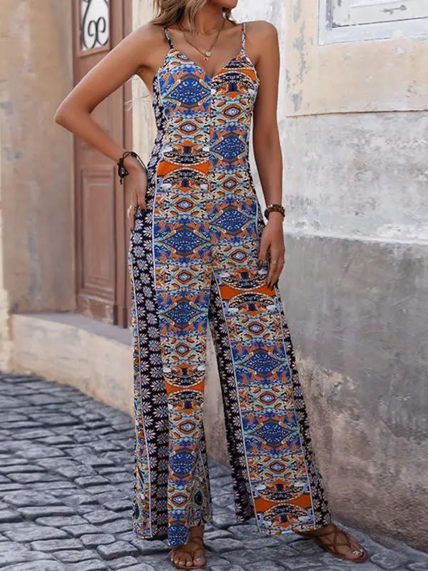 Women's backless printed suspenders wide-leg ethnic style jumpsuit