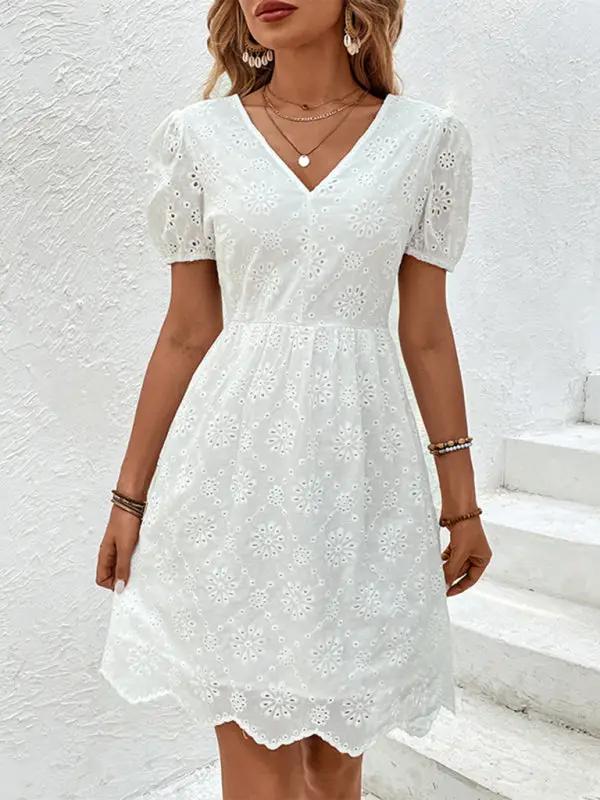 Women's new v-neck puff sleeve white dress