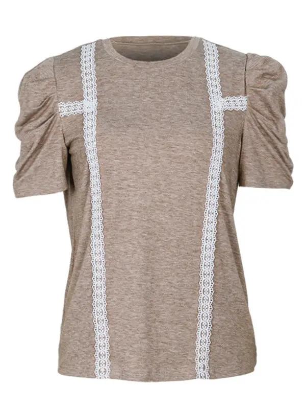 Women's New Fashion Lace Spliced Puff Sleeve T-Shirt