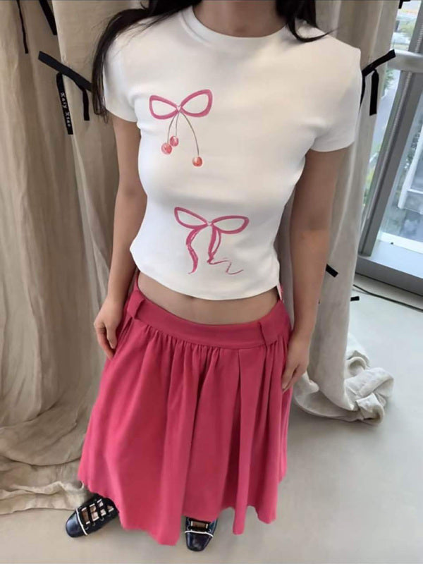 New bow solid color printed navel-baring short-sleeved T-shirt