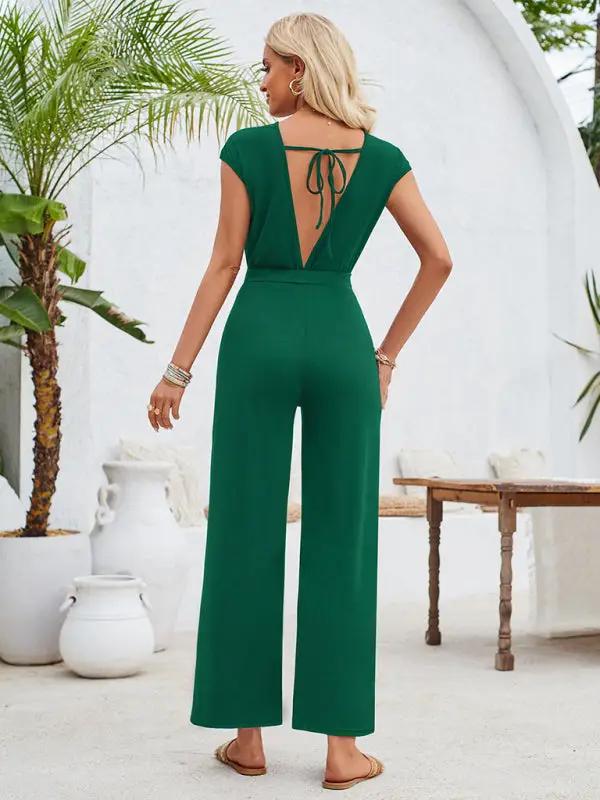 New casual solid color round neck short sleeve knitted women's jumpsuit