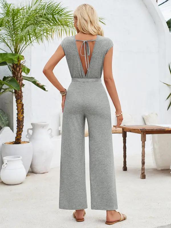 New casual solid color round neck short sleeve knitted women's jumpsuit