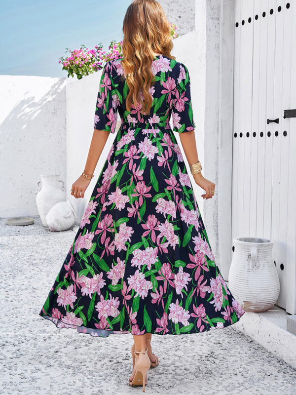 Women's spring and summer vacation casual floral print slit dress
