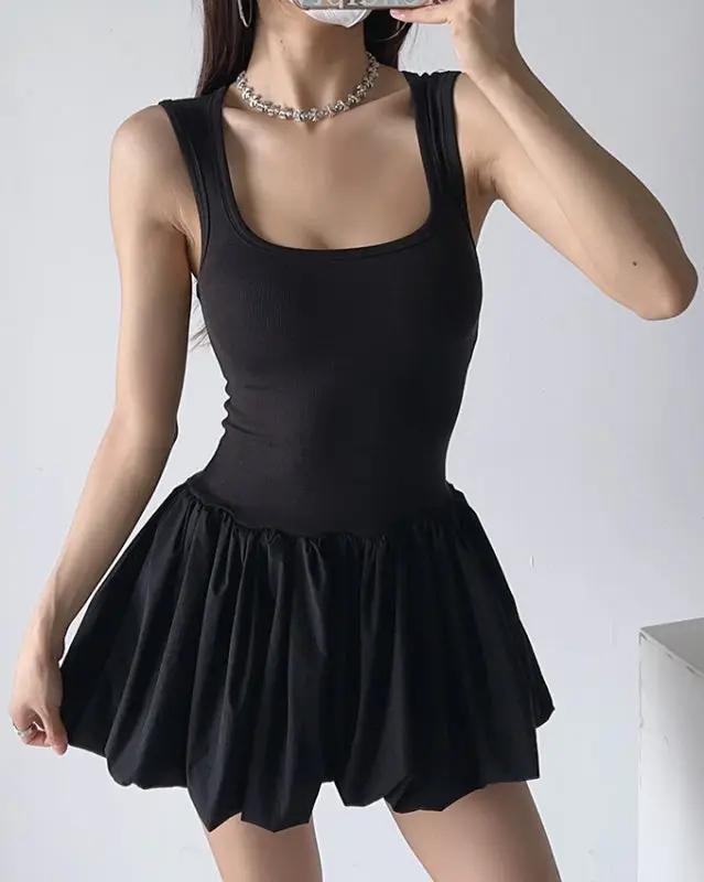 New sexy clavicle-baring one-shoulder suspender waist-cinching puffy dress