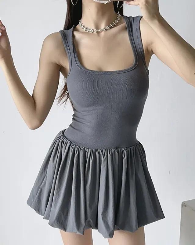 New sexy clavicle-baring one-shoulder suspender waist-cinching puffy dress