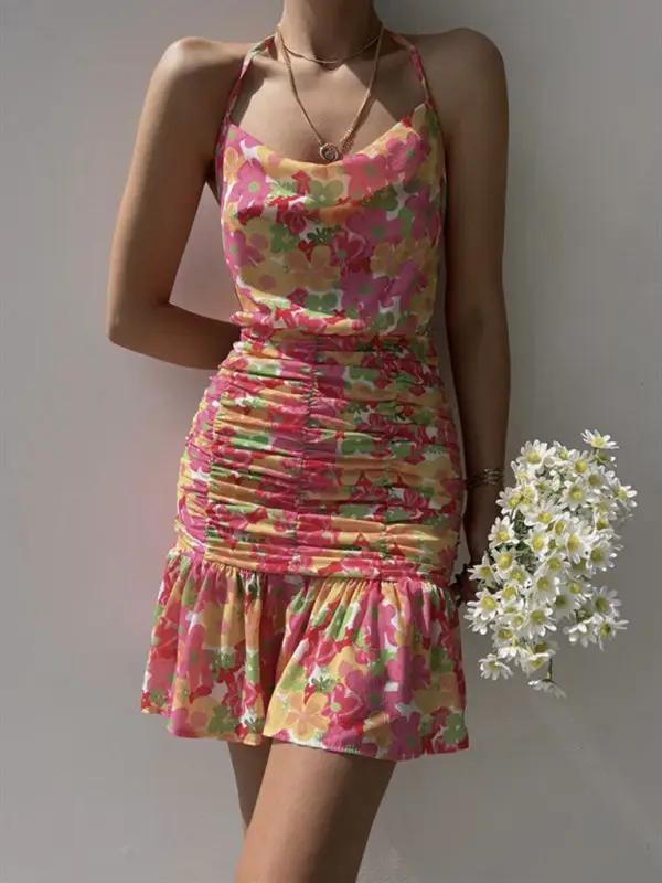 Ladies new floral print hip strap dress