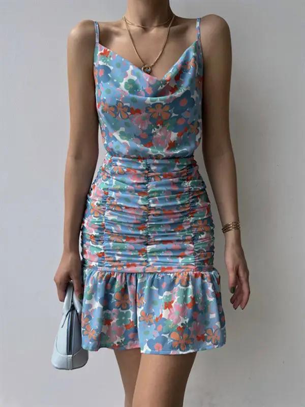 Ladies new floral print hip strap dress