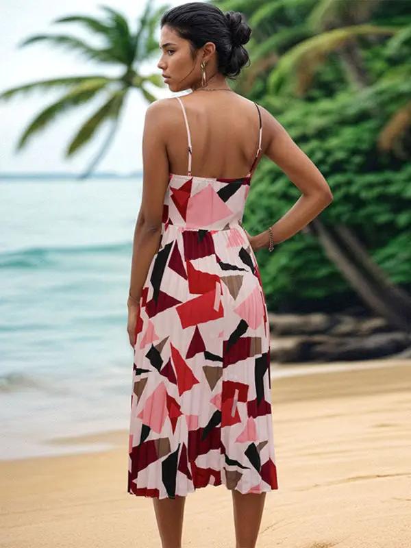 New Women's Sling Holiday Geometric Print A-Line Midi Dress