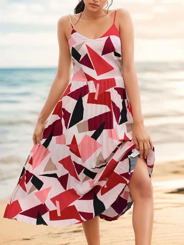 New Women's Sling Holiday Geometric Print A-Line Midi Dress