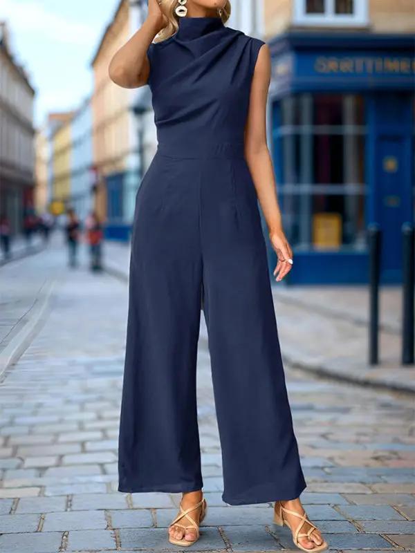 New Sleeveless Solid Color Swing Collar Jumpsuit
