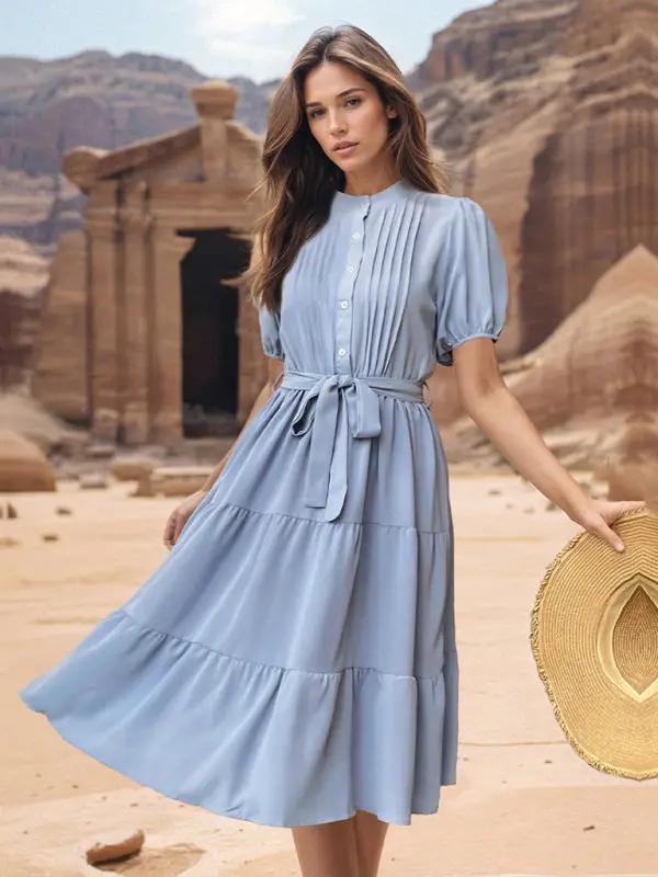 Women's Stand Collar Pleated Short Sleeve Commuting Lace Up Midi Dress