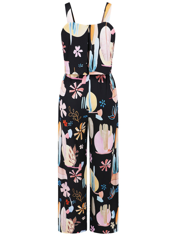 Women's Fashion Casual Suspender Printed Wide Leg Jumpsuit