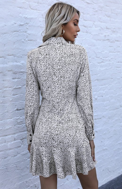 Ladies Long Sleeve Leopard Print Lapel Pleated Shirt Dress