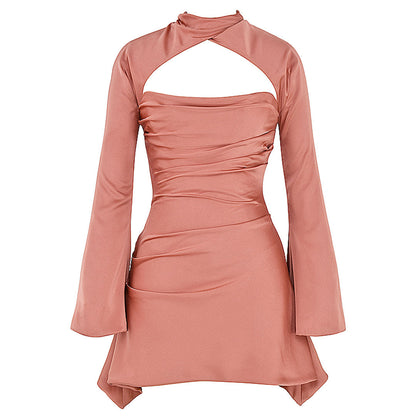 Luxury High Neck Cut Out Long Sleeve Draped Satin Mini Dress - Pink
