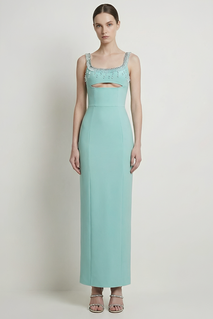 Bandage Cut-Out Beaded Rhinestone Rivets Maxi Dress