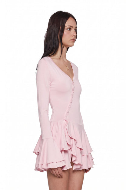 Jersey Single Breasted Ruffle Mini Dress