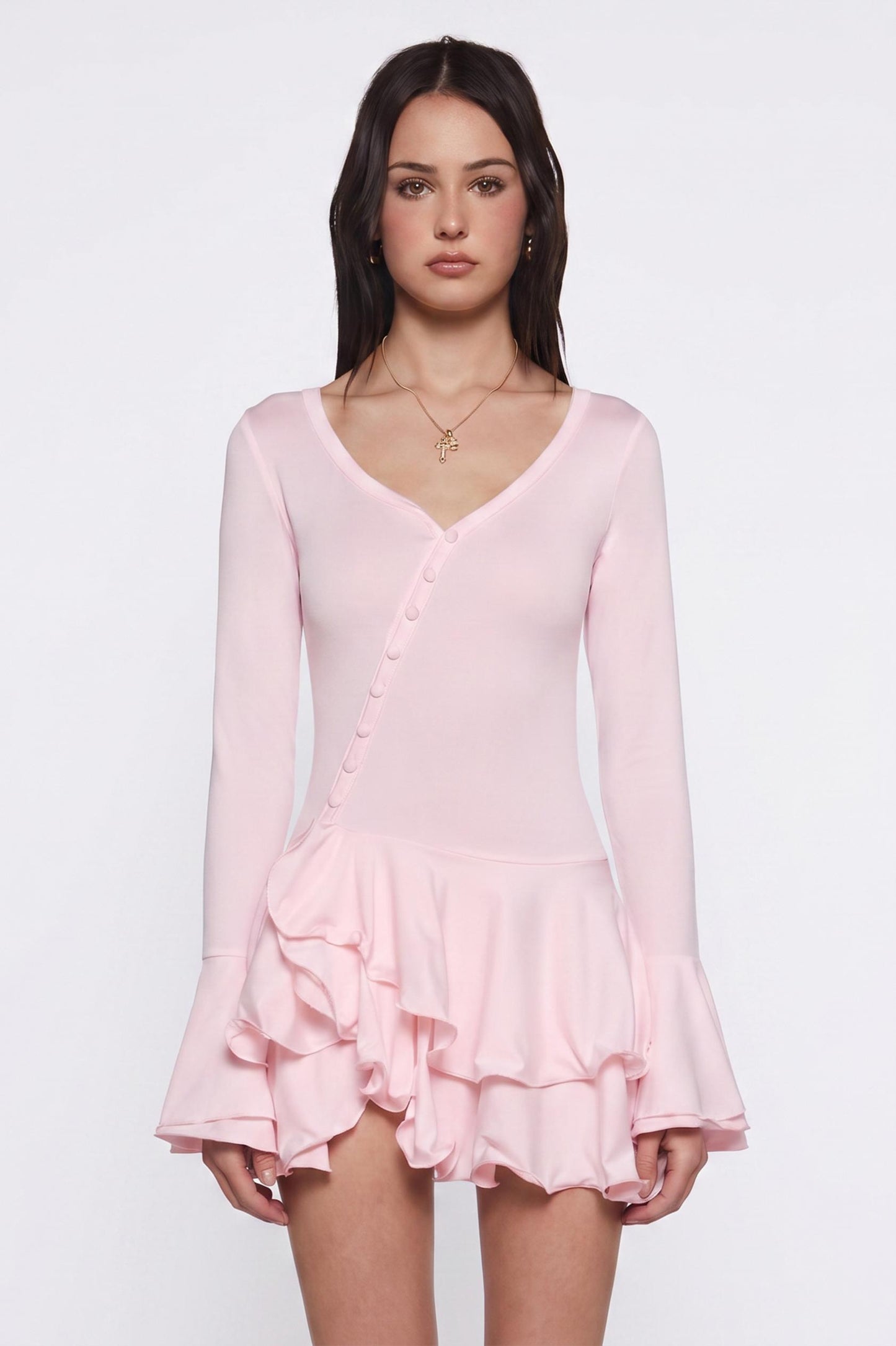 Jersey Single Breasted Ruffle Mini Dress