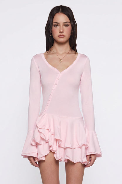 Jersey Single Breasted Ruffle Mini Dress