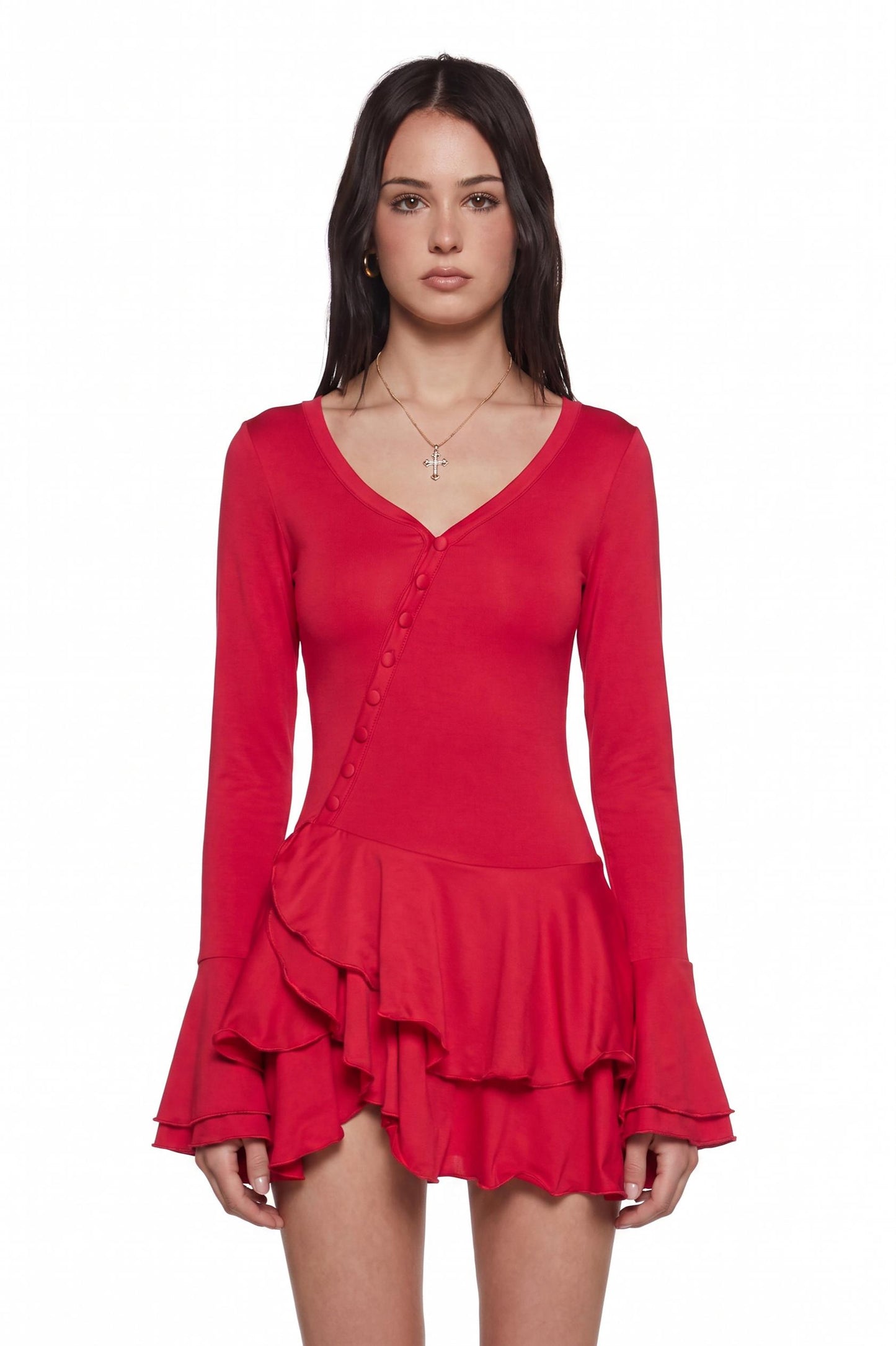 Jersey Single Breasted Ruffle Mini Dress