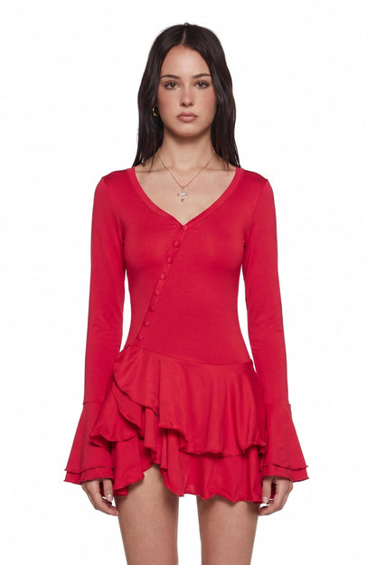 Jersey Single Breasted Ruffle Mini Dress