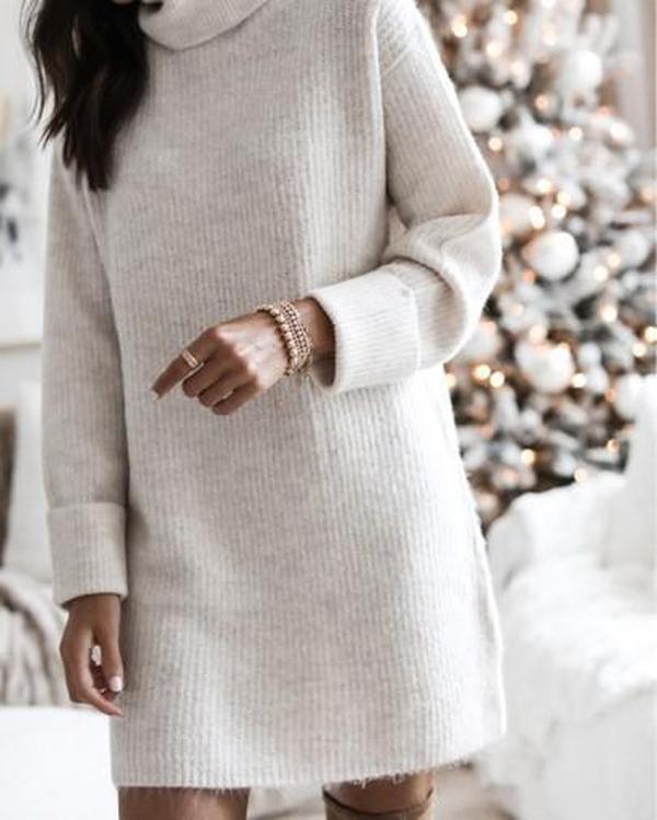 Simple Plain Long Sleeve Mini Sweater Dress