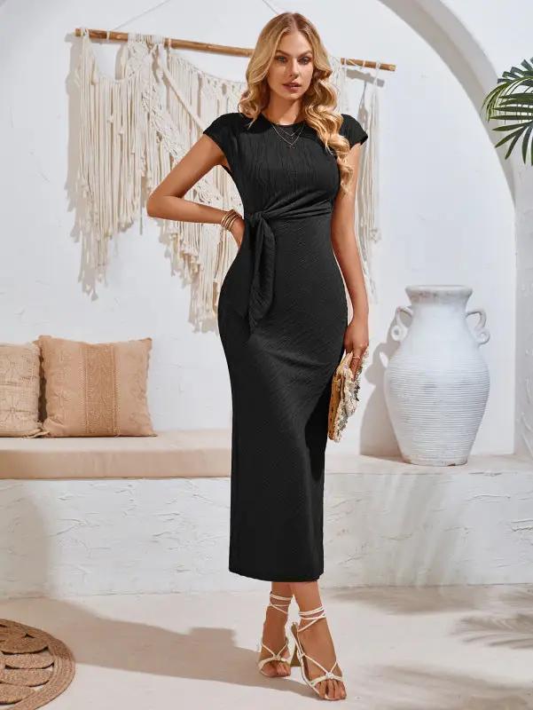 Women's casual solid color round neck waist knitted lace-up dress