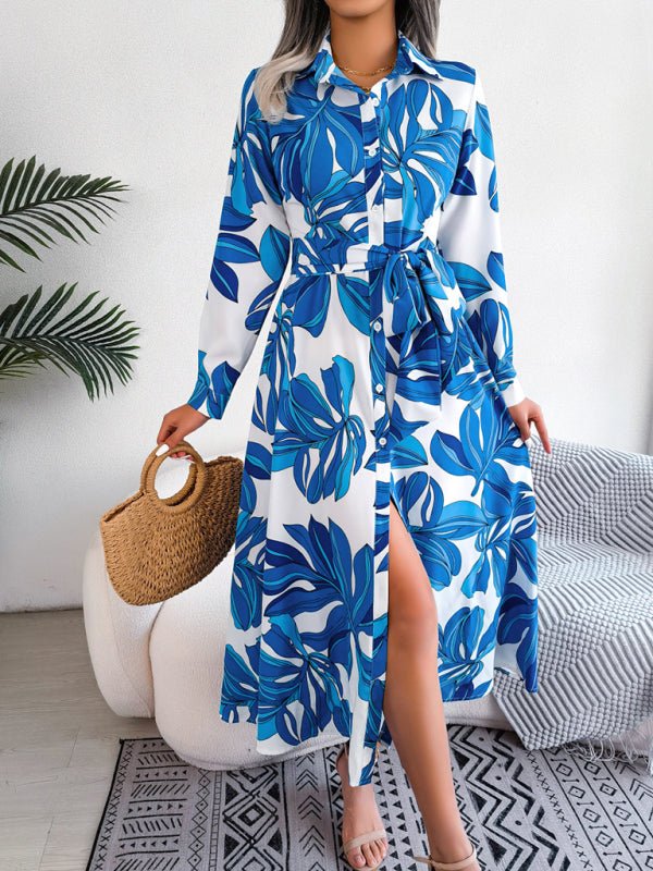 Women's Abstract Floral Print Long Sleeve Belted Shirtdress