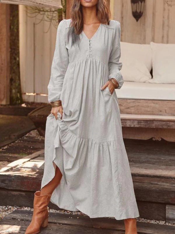 Women's Button Cotton Linen Retro Casual Long Sleeve Big Swing Dress
