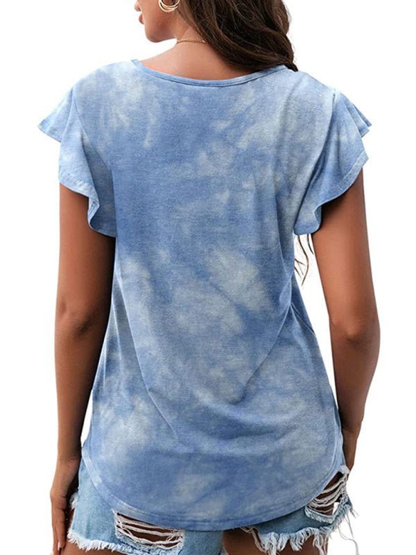 Women's casual round neck printed lotus leaf short-sleeved T-shirt