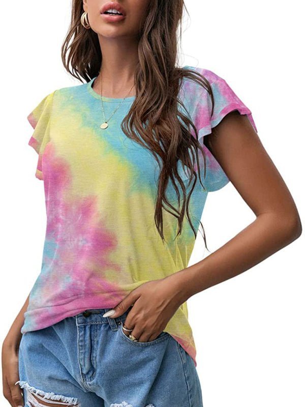 Women's casual round neck printed lotus leaf short-sleeved T-shirt