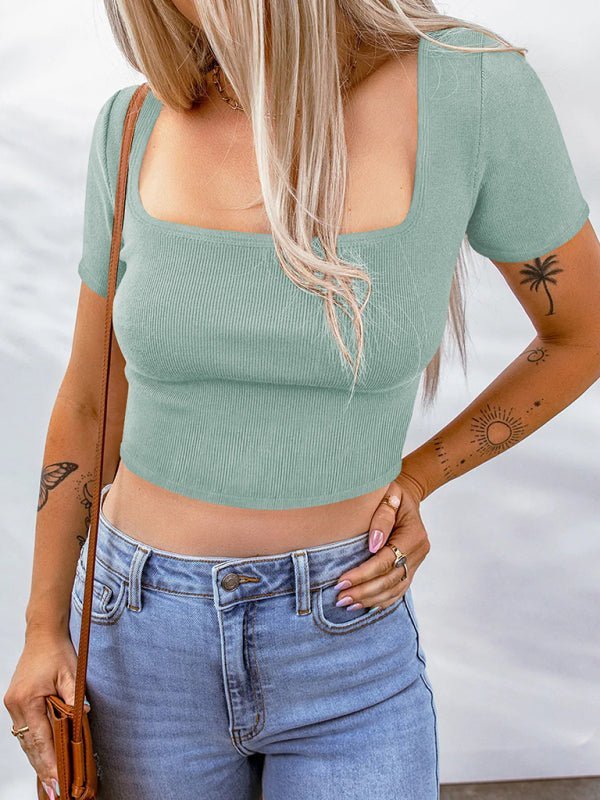 Women's Knit Square Neck Cropped Short Sleeve T-Shirt