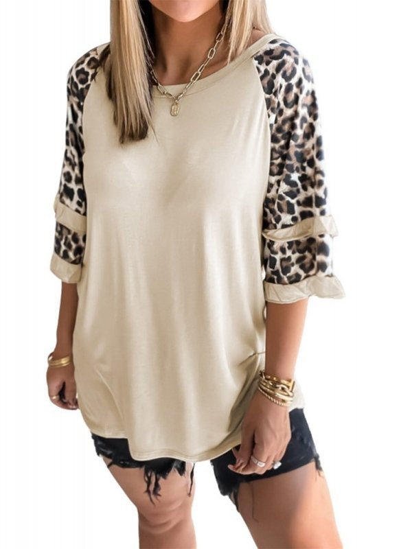 Women's leopard print stitching round neck loose T-shirt