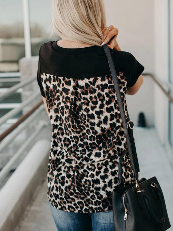 Women's Media Leopard Print V-neck Short-sleeve T-shirt