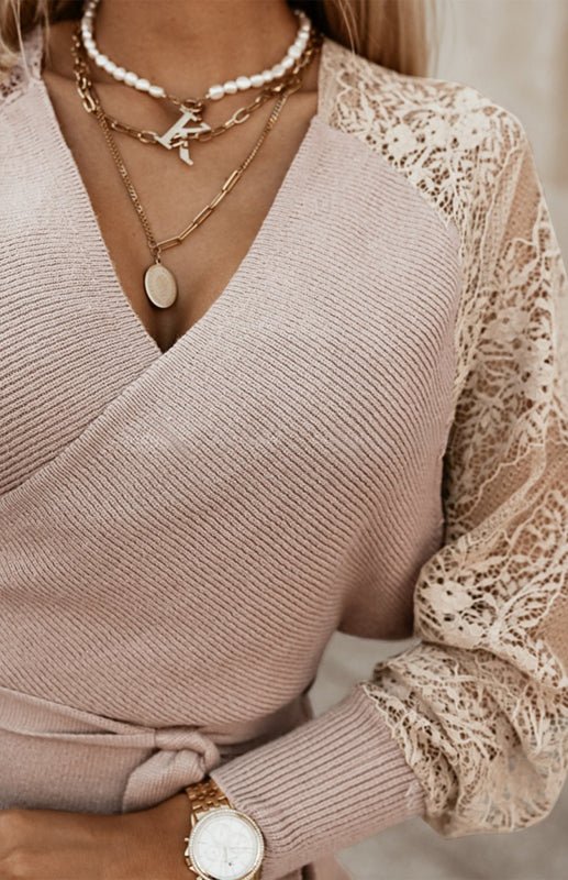 Women's Sexy Lace Long Sleeve Backless Mock Wrap Knit Sweater Mini Dress