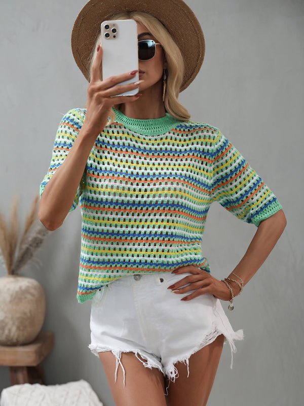 Women's Smock Neck Open Knit Mix Color Short Sleeve Sweater