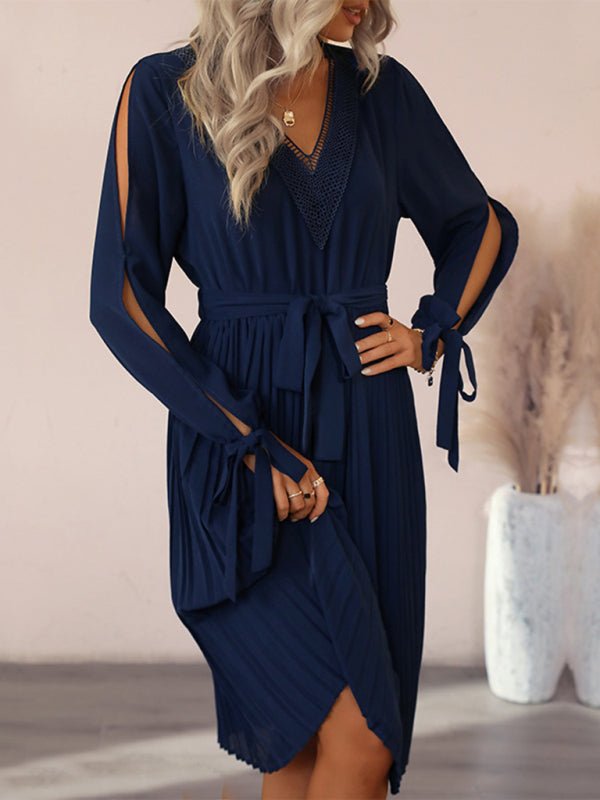 Women's Solid Color Cold Shoulder Cutout Sleeve With Tie Fit & Flare Mini Dress