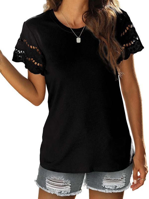 Women's Solid Color Lace Sleeve Knit Top
