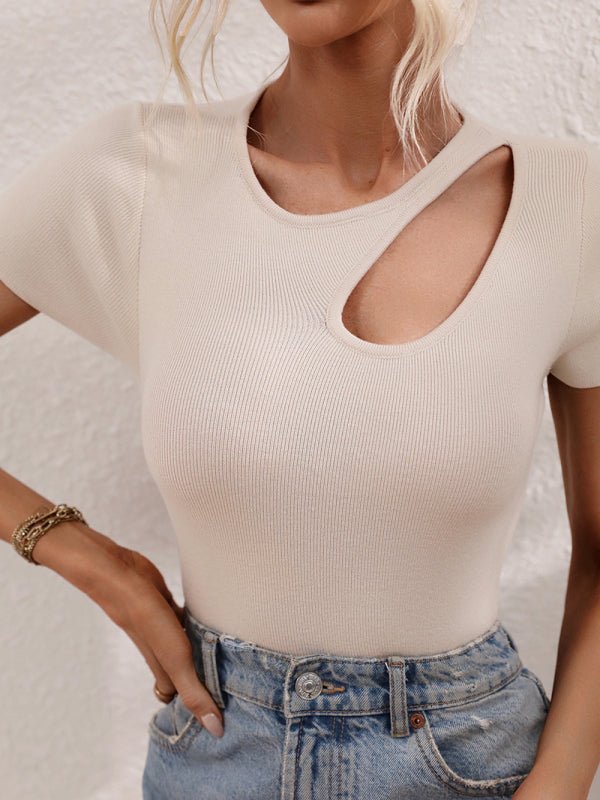 Women's Solid Color Shoulder Cutout Rib Sweater
