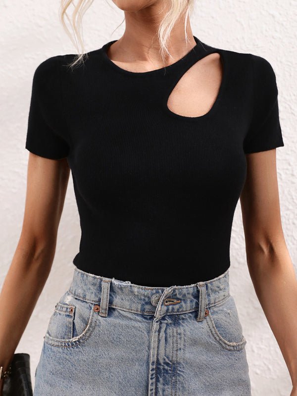 Women's Solid Color Shoulder Cutout Rib Sweater