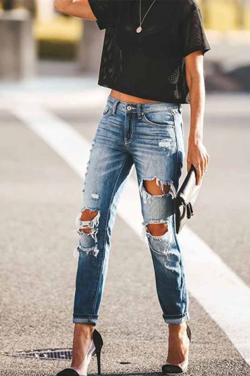Noveify Regular Blue Ripped Jeans