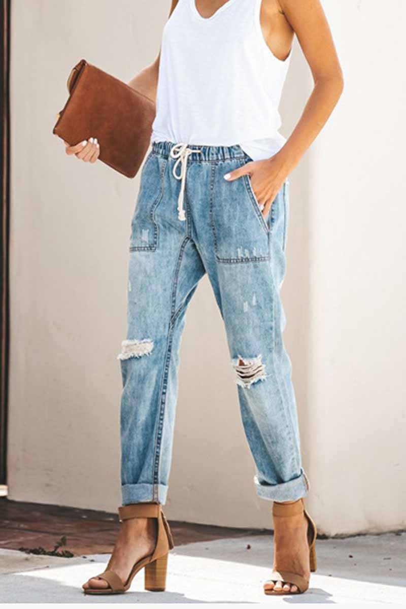 Noveify Loose Drawstring Blue Jeans