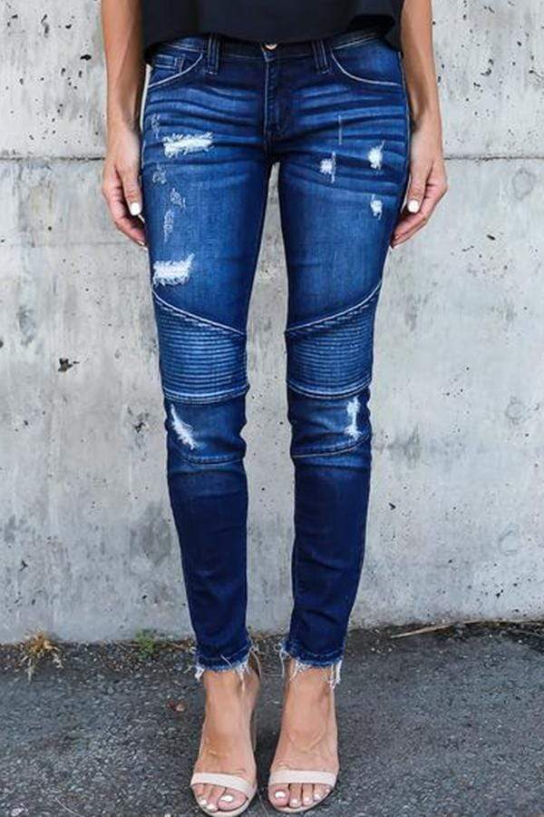 Noveify Regular Waist Solid Color Skinny Fit Hole Jeans