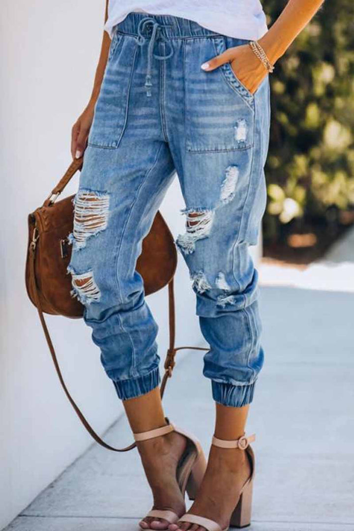 Noveify Adjustable Waist Ripped Loose Jeans