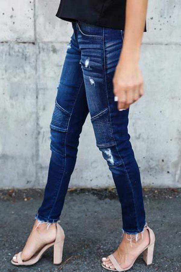 Noveify Regular Waist Solid Color Skinny Fit Hole Jeans