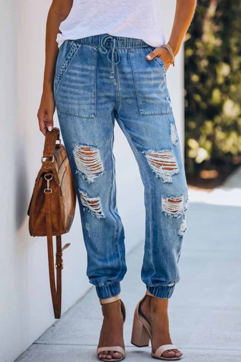 Noveify Adjustable Waist Ripped Loose Jeans