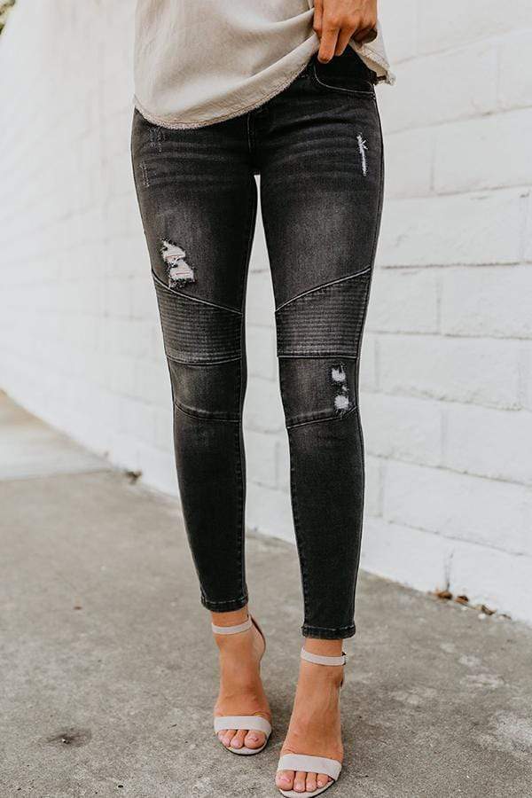 Noveify Regular Waist Solid Color Skinny Fit Hole Jeans