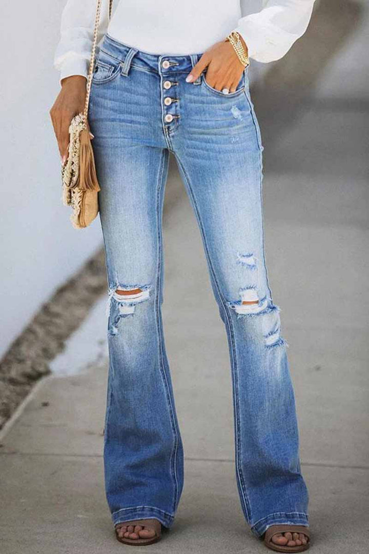 Noveify Mid Rise Button Front Flare Denim Jeans