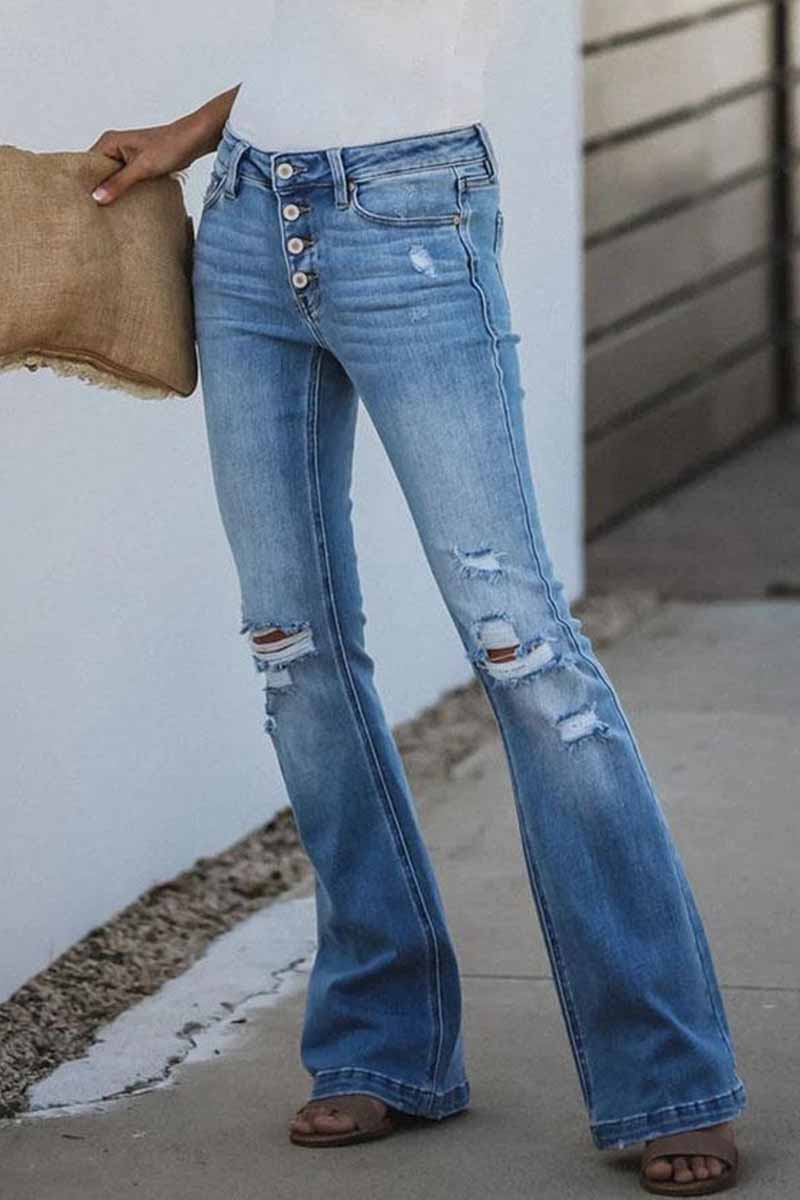 Noveify Mid Rise Button Front Flare Denim Jeans